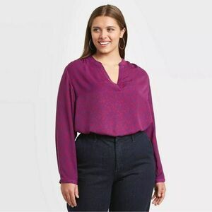 Ava & Viv Long Sleeve V-Neck Purple Print Blouse